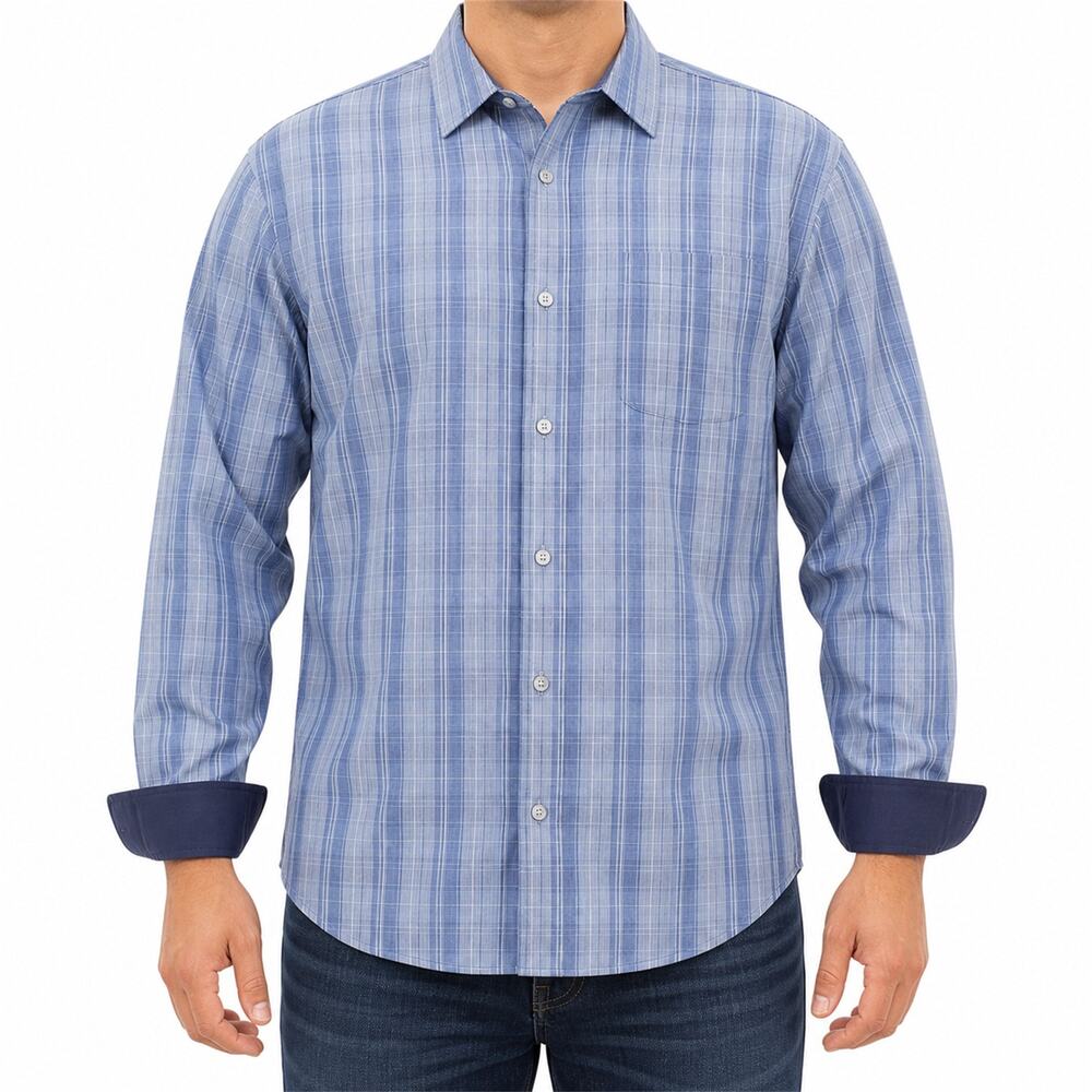 Calvin Klein Shirt Mens Large Blue Plaid Liquid Cotton Flip Cuffs Button-Up